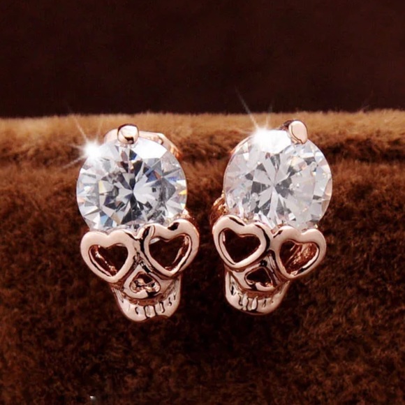 Crystal Skull Heart Rose Gold Toned Earrings - Picture 2 of 8